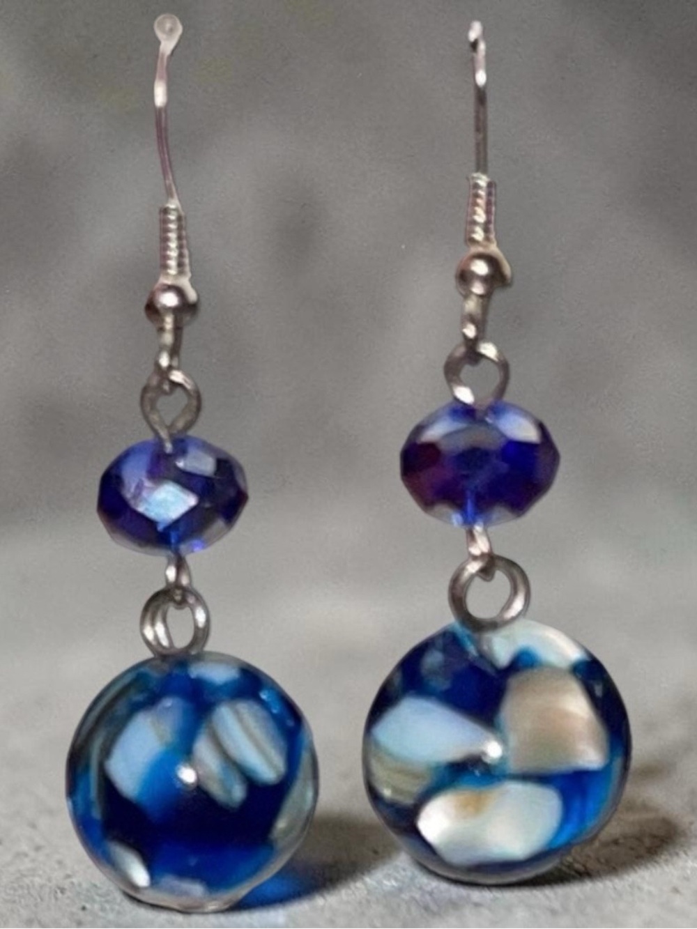 Abalone Lampwork and Deep Blue Crystal Earrings